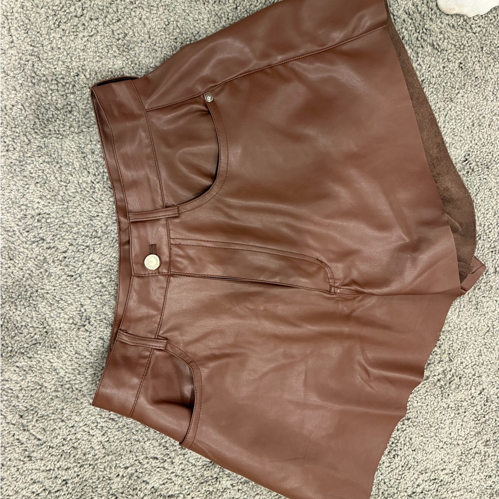WeWoreWhat High Waist Brown Leather Shorts